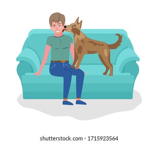 Joven jugando con perro sentado en el sofá. El concepto de pasatiempo nocturno tranquilo. Ilustración del vector