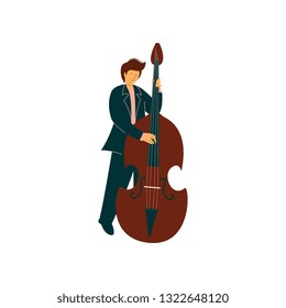 Young Man Playing Double Bass, Male Musicain Playing Classical Music Vector Illustration