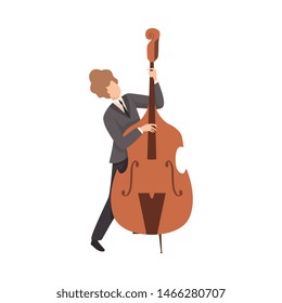 Young Man Playing Double Bass, Male Jazz Musician Character in Elegant Suit with Musical Instrument Vector Illustration