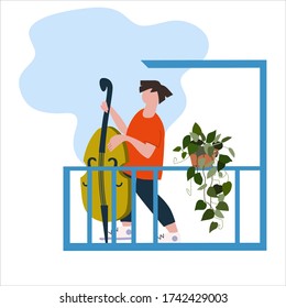 Young man playing double bass on the balcony. Neighbourhood concert. Creative activitiy concept. Social distancing during COVID-19 pandemic concept. Vector illustration in flat style