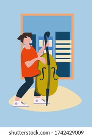 Young man playing double bass by the window. Neighbourhood concert. Creative occupation concept. Social distancing during COVID-19 pandemic concept. Vector illustration in flat style