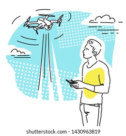 Young man playing with a drone or a quad copter outdoor. Hand drawned illustration. 