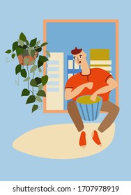 Young man playing drum by the window. At-home concert. Creative activitiy concept. Social distancing during COVID-19 pandemic concept. Vector illustration in flat style