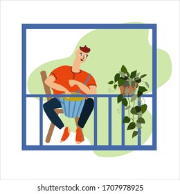 Young man playing drum on the balcony. Neighbourhood concert. Creative activitiy concept. Social distancing during COVID-19 pandemic concept. Vector illustration in flat style