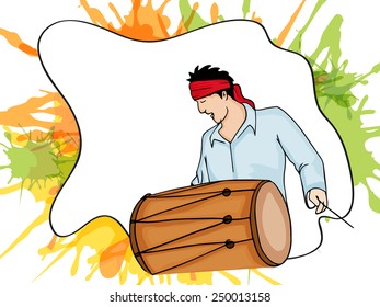Young man playing drum on splash background for Indian festival of colors, Holi and Dolyatra celebration.