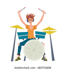 Young man playing drum set. Drummer, percussion musician. Vector illustration, isolated on white background.