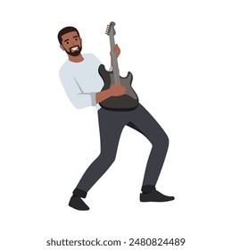 Young man playing electric guitar rock music. Flat vector illustration isolated on white background