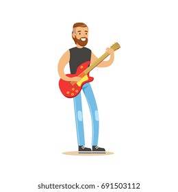 Young man playing electric guitar vector Illustration