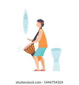 Young Man Playing Ethnic Drum, Guy Playing Djembe Vector Illustration