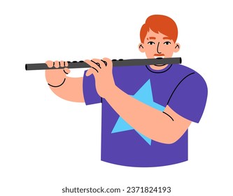 Young man playing flute. Flat cartoon vector illustration isolated on white background.