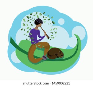 young man playing flute leaf sky cat