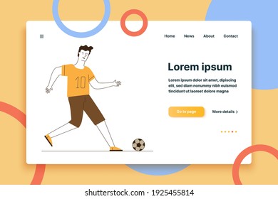 Young man playing football. Cartoon character kicking soccer ball flat vector illustration. Summer activity, competition, hobby concept for banner, website design or landing web page