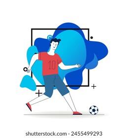 Young man playing football. Cartoon character kicking soccer ball flat vector illustration. Summer activity, competition, hobby concept for banner, website design or landing web page
