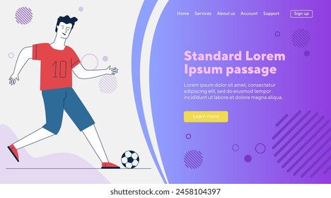 Young man playing football. Cartoon character kicking soccer ball flat vector illustration. Summer activity, competition, hobby concept for banner, website design or landing web page