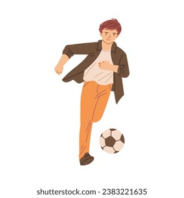 Young man playing football, vector illustration isolated on white background. Guy in yellow trousers and brown unbuttoned shirt runs after soccer ball. Bright color image, drawn in cartoon flat style