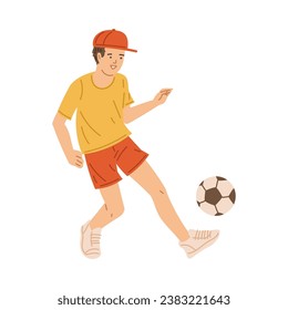 Young man playing football, vector illustration isolated on white background. Guy or teenager in a red cap and shorts runs after soccer ball. Bright color image, drawn in cartoon flat style