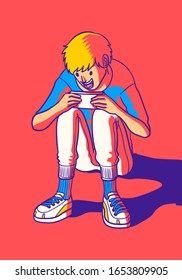 young man playing game on smartphone