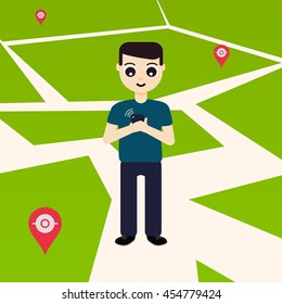 Young man playing a game on his mobile phone outside. GPS navigation system with map pin-markers in the background. Concept of outdoor entertainment. Vector illustration.
