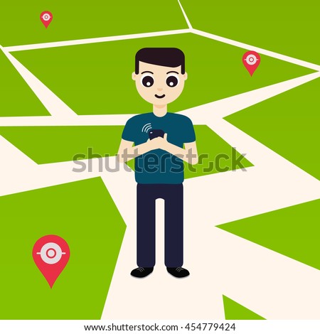 Young man playing a game on his mobile phone outside. GPS navigation system with map pin-markers in the background. Concept of outdoor entertainment. Vector illustration.