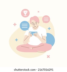 Young man playing game or using smartphone. Hand draw style. Vector illustration.