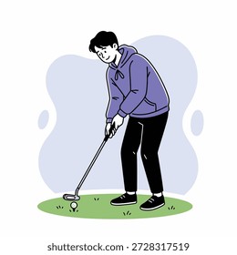 Jovem jogando golfe, abordando a bola com um arremessador em um estilo de ilustração casual.