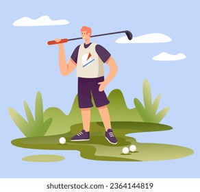 Joven jugando al golf afuera. Estilo de vida deportivo y saludable. Concepto de jugar al golf. Ilustración vectorial plana en estilo de dibujos animados en colores azul y verde