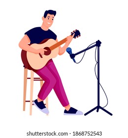 Young man playing guitar in bar or pub. Happy smiling guy performs, microphone equipment nearby. Recreation activities vector illustration isolated on white background.