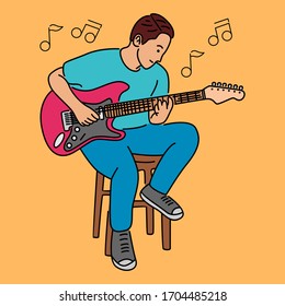 Joven tocando guitarra. Ilustración de diseño de caricaturas