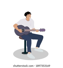 Young man is playing guitar happily.Vector illustration isolated on white background.