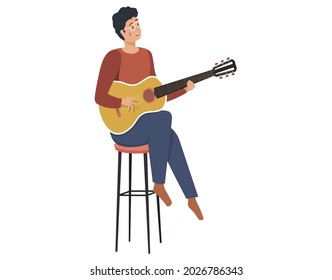 Young man playing guitar at home sings song. Private guitar lessons. Guy sitting on chair with musical instrument. Male character learning to play guitar. Guitarist creates music isolated vector