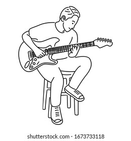 Young man playing guitar. Line art design illustration