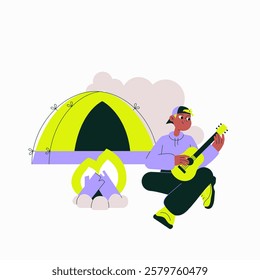 Young Man Playing Guitar Near Campfire In Flat Vector Illustration Symbolizing Camping, Outdoor Music, And Adventure, Isolated On White Background