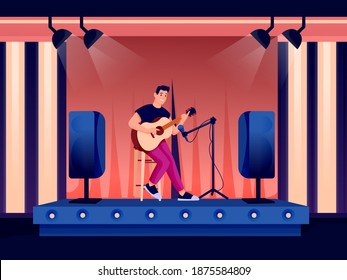 Young man playing guitar in night bar or pub. Happy smiling guy performs in spotlight on stage, microphone equipment nearby. Evening recreation activities vector illustration.