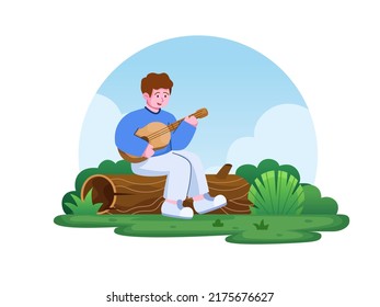 Young man playing guitar on Campsite and sitting on logs vector illustration,
Camping people activities cartoon illustration.
Suitable for web, landing page, animation, print, book, etc