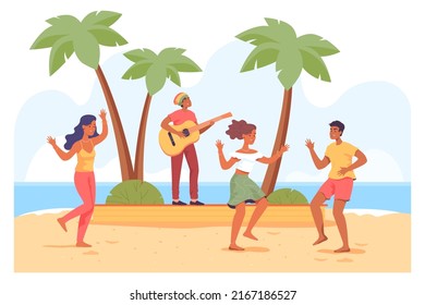 Young man playing guitar and people dancing on beach. Male character playing instrument at reggae concert or party flat vector illustration. Summer, vacation, music, Jamaica concept for banner