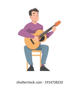 Young Man Playing Guitar and Singing Cartoon Style Vector Illustration