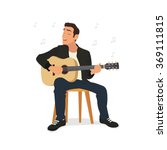 young man playing guitar and sings a song. vector illustration.