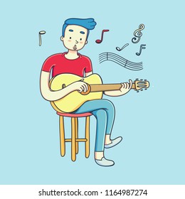 Young man playing guitar and sings a song. Vector doodle art illustration.