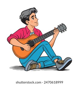 young man playing guitar and sings a song on white background