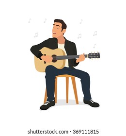 Young Man Playing Guitar And Sings A Song. Vector Illustration.