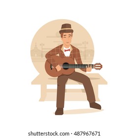young man playing guitar and sings a song. vector illustration.