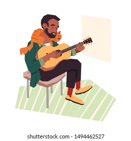A young man playing the guitar while his cat laying on his shoulders. Happy pet and his owner lifestyle. Modern cartoon vector illustration.