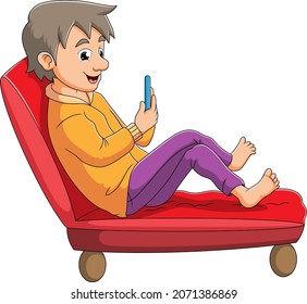 The young man is playing the hand phone on the sofa of illustration