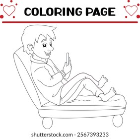 young man is playing hand phone coloring page for kids
