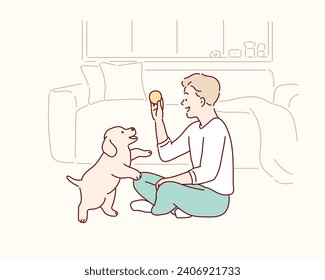 Young man playing with her dog at home. Hand drawn style vector design illustrations.