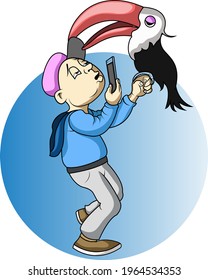 a young man was playing with his pet bird