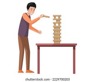 Young man playing logic game vector illustration. Player standing near table with wooden blocks stacked in high tower. Male character playing alone. Guy collects wooden tower from bricks