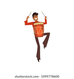 Young man playing music with drum at Brazil carnival, male dancer in bright festive costume vector Illustration on a white background
