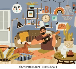 Young man playing music on ukulele, sitting in cozy living room with dog. Guy with small guitar at modern home. Person resting with musical instrument and pet. Colored flat vector illustration