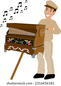 Young man playing music in a traditional barrel organ. The man is called "organillero".